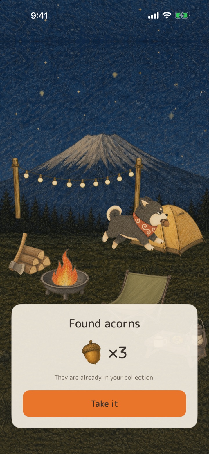 Mochi returning with an acorn after a focus session