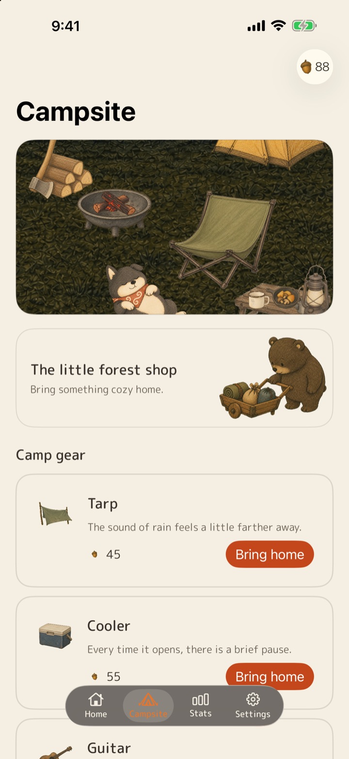 Campsite screen for choosing camping gear